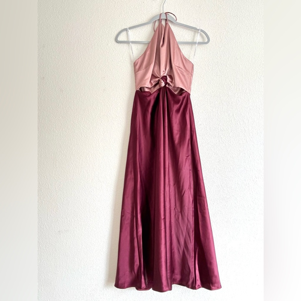 Lulus - Satin Pink and Burgundy Halter Dress with Waist Cut-outs in Size M